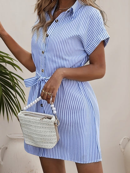 Women's Mid-Length Striped Dress with Adjustable Waist Tie