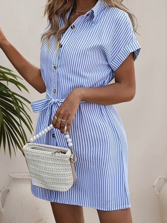 Women's Mid-Length Striped Dress with Adjustable Waist Tie