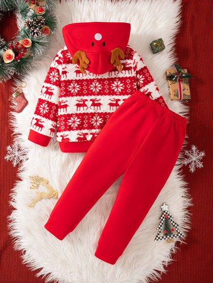 Boys' Casual Christmas Pattern Embroidery Design Regular Fit Hooded Long Sleeve Sweatshirt and Pants Set Fleece Jacket Outfit for Autumn/Winter, Perfect for Outdoor