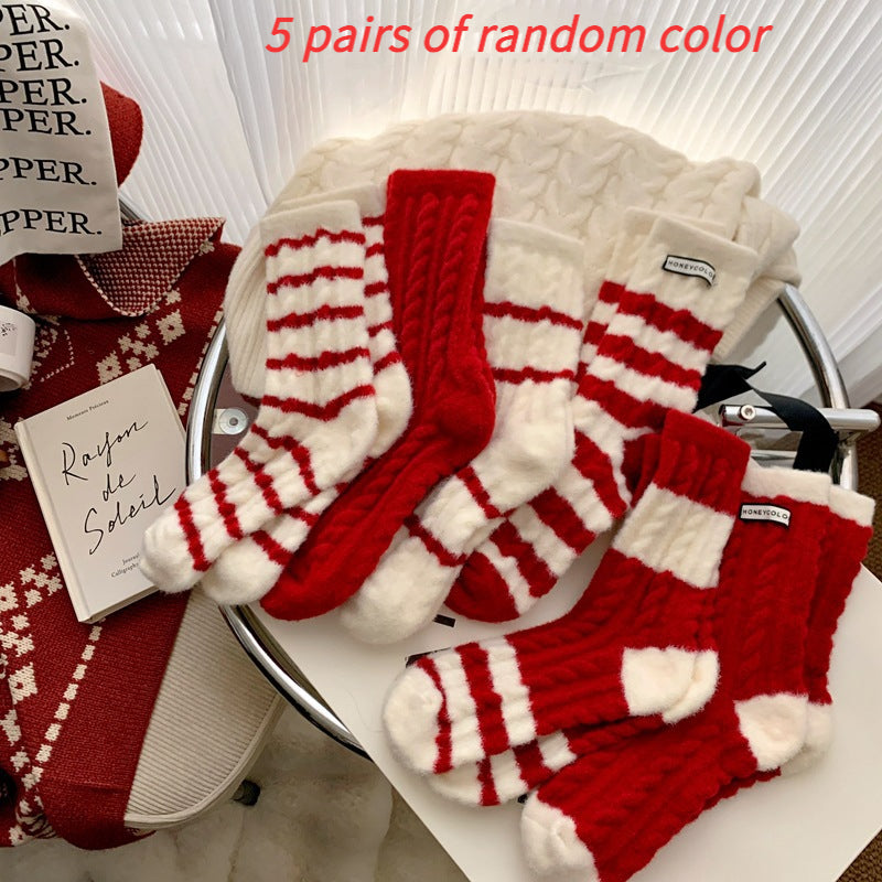 5-Pack Fashion Trendy Striped Design Festive Red New Year Floor Socks, New Autumn/Winter Style, Comfortable Soft Thickened Warm Casual Sports Outdoor Versatile Women's Terrycloth Socks,  Winter Socks, Festive Socks, Stylish S