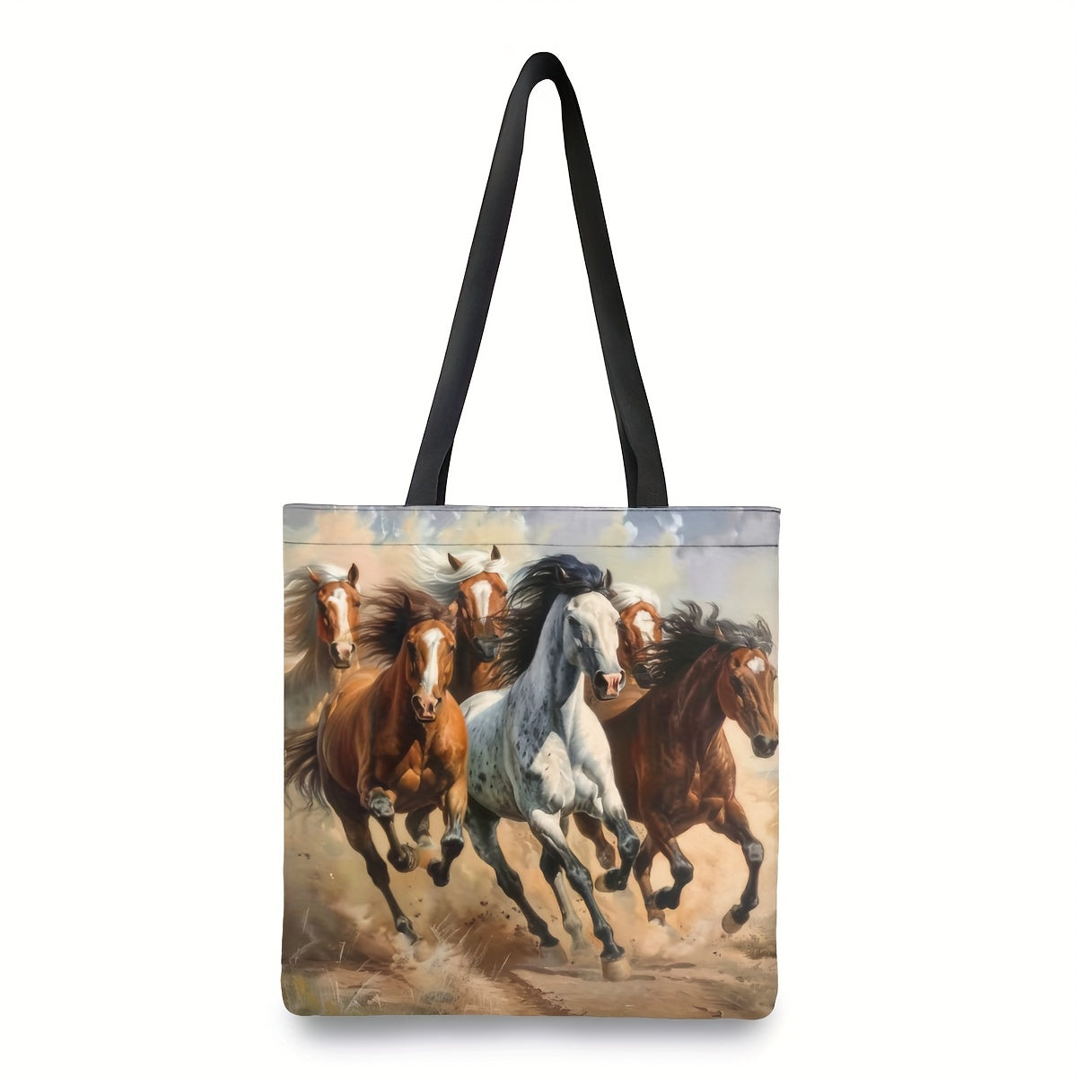 Dynamic Horse Print Handbag - Large Capacity, Durable Polyester Handbag with Fixed Black Strap for Work,, Shopping - 39.98x34.9cm