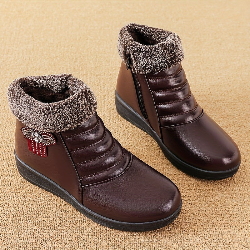 Women'S Comfortable And Warm Shoes for Autumn And Winter, Short Boots with Fleece Lining, Snow Boots, Leather Shoes, Glossy Black Platform Boot, Elegant Rain Boot For Woman, Warm And Comfortable Bootie For Working, Low Ankle