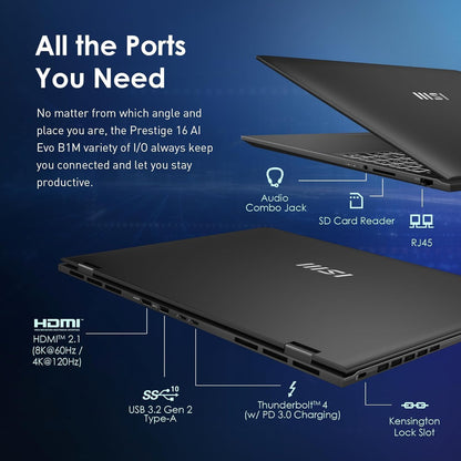 MSI Prestige 16 AI EVO Laptop, Ultra Thin Business Laptop, Intel Ultra 7-155 H, 16" QHD+, 32 GB LPDDR5 RAM, 2 TB SSD, Wi-Fi 7, AI Engine, Windows 11 Pro & MS Office Lifetime License
