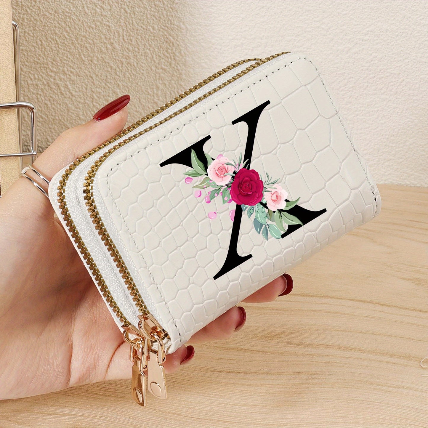 Minimalist Women'S Short Wallet Featuring a Double Zipper Design, with a Crocodile A-Z Letter Pattern. This Stylish Handbag Also Serves As a Fashionable Coin Wallet, Perfect for Travel, Back-To-School, Or Parties.