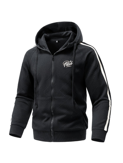 Men's Spring & Fall Jacquard Embroidered Striped Tracksuit Set - 2pcs Zip-Up Hoodie & Pants for Daily Wear, Sports & Outdoor Trips