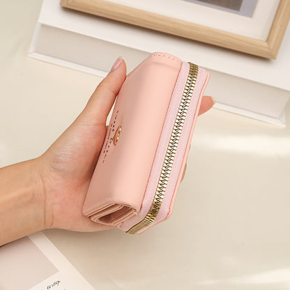 New Women'S Short Wallet, Cute Korean-Style Heart-Shaped, Large Capacity with Multiple Card Slots, Trendy Tri-Fold Design.