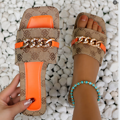 Women’s Crystal Chain Square-Toe Flat Summer Slides