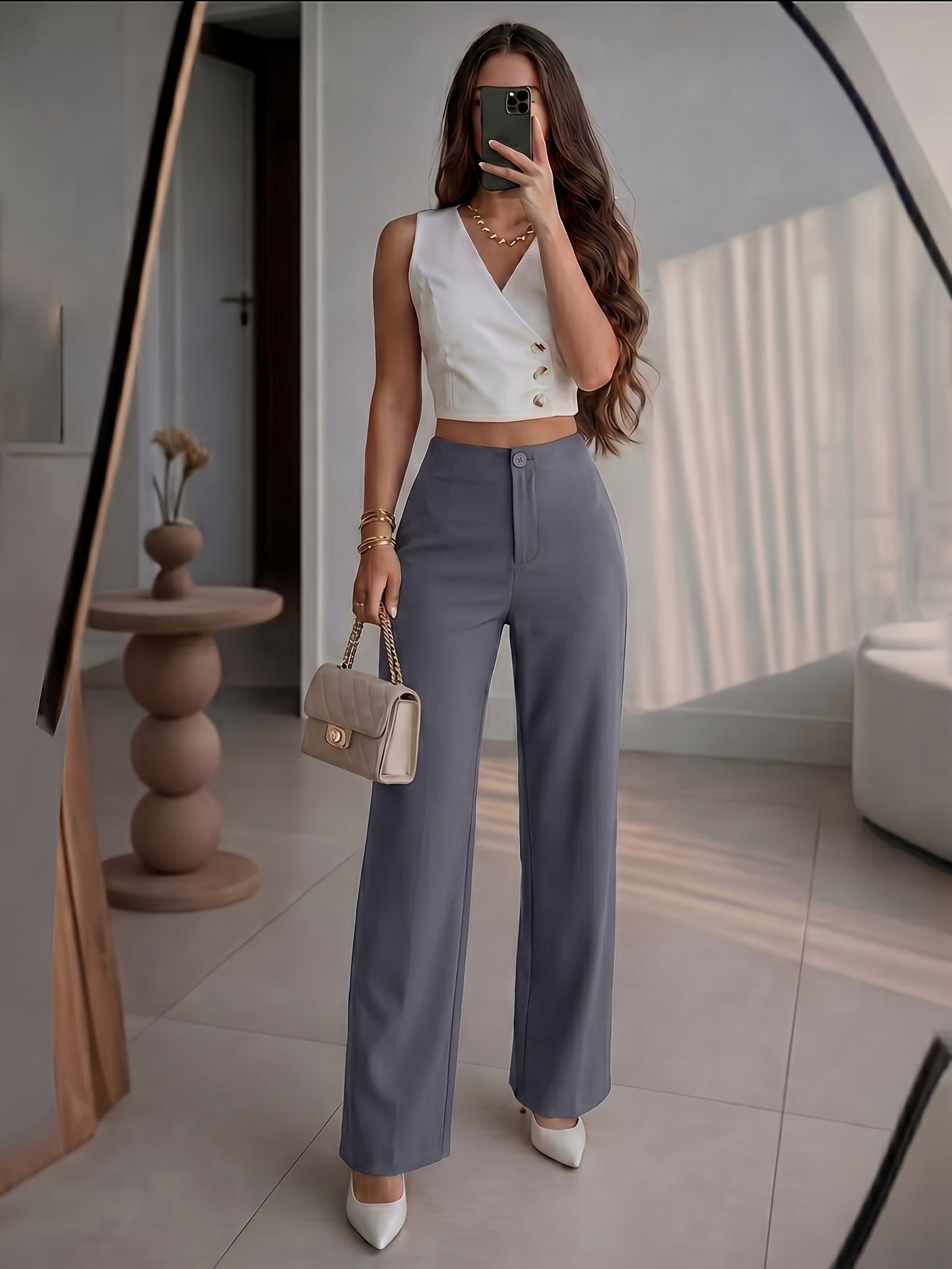 Petite High-Waisted Wide Leg Pants - Chic Draped Straight Trousers