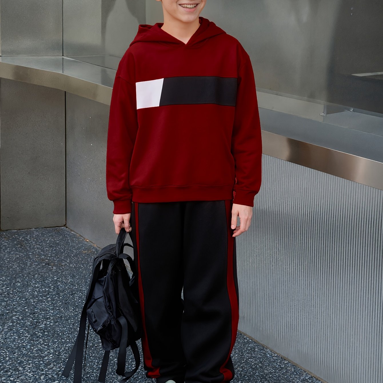 2pcs Boys' Winter Hooded Sweatsuit & Pants - Warm Sweater Outfit with Matching Long Pants, Colorblock Hoodie (Suitable for & Big Kids) - Machine Washable 2pcs set, Perfect for Outdoor