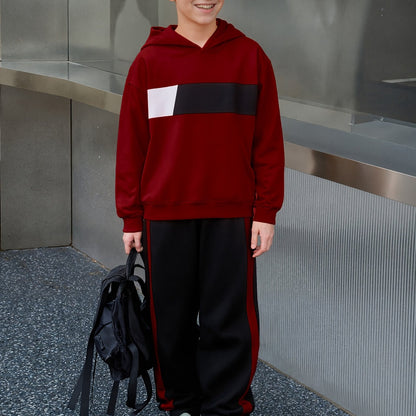 2pcs Boys' Winter Hooded Sweatsuit & Pants - Warm Sweater Outfit with Matching Long Pants, Colorblock Hoodie (Suitable for & Big Kids) - Machine Washable 2pcs set, Perfect for Outdoor