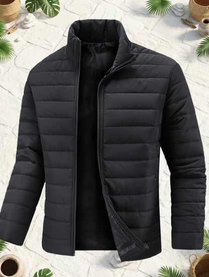 Men's Black Skinny Padded Coat with Stand Collar for Winter
