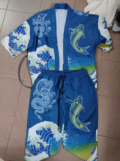 Men's Kimono Set with Carp Leaping Over the Dragon Gate Pattern