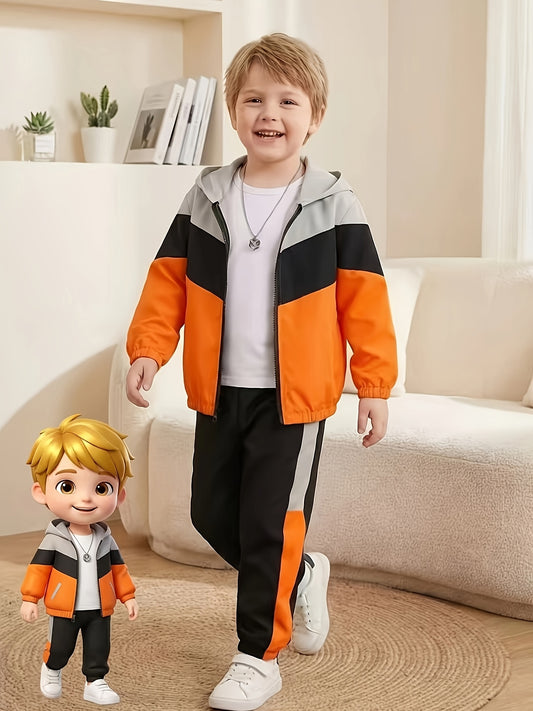 Boys' Casual Color-Block Hooded Jacket and Pants Set
