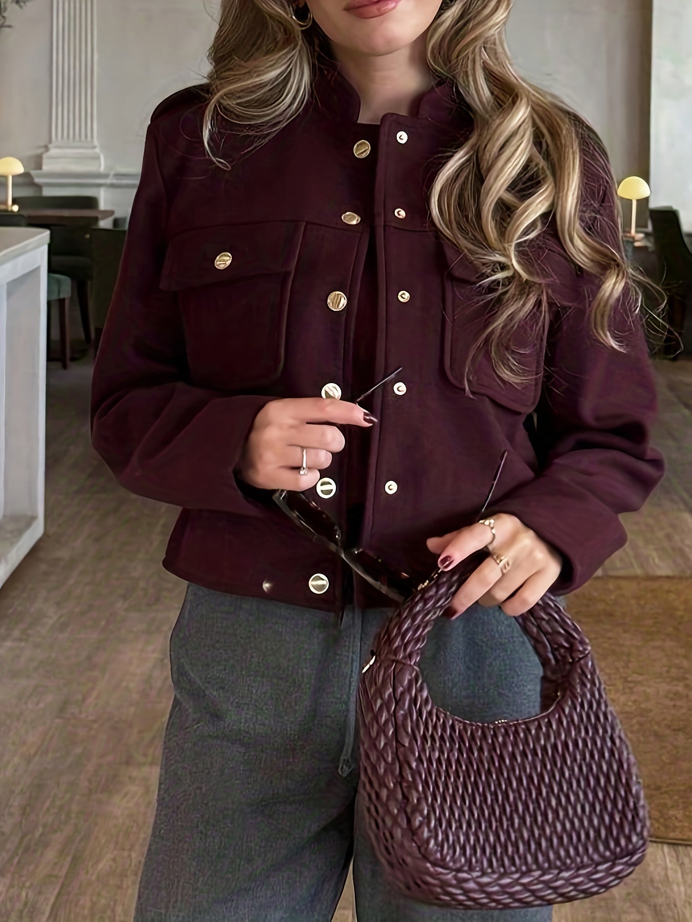 Women's Burgundy Red Jacket with Golden-Tone Button Closure - Structured Collar & Tailored Fit Casual Coat for Fall, Office, Semi-Formal Events - Machine Washable Outerwear (No Stretch)