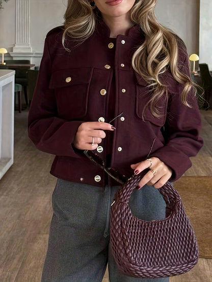 Women's Burgundy Red Jacket with Golden-Tone Button Closure - Structured Collar & Tailored Fit Casual Coat for Fall, Office, Semi-Formal Events - Machine Washable Outerwear (No Stretch)