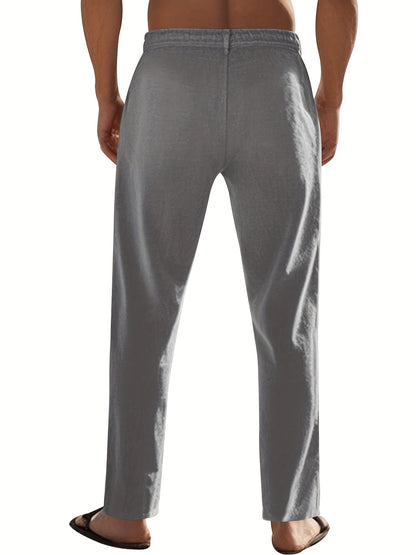 Men'S Casual Linen Drawstring Pants - Comfortable Straight Fit, Lightweight & Breathable for Beach & Outdoor Activities, Beach Casual Wear|Straight Fit Pants|Lightweight Fabric