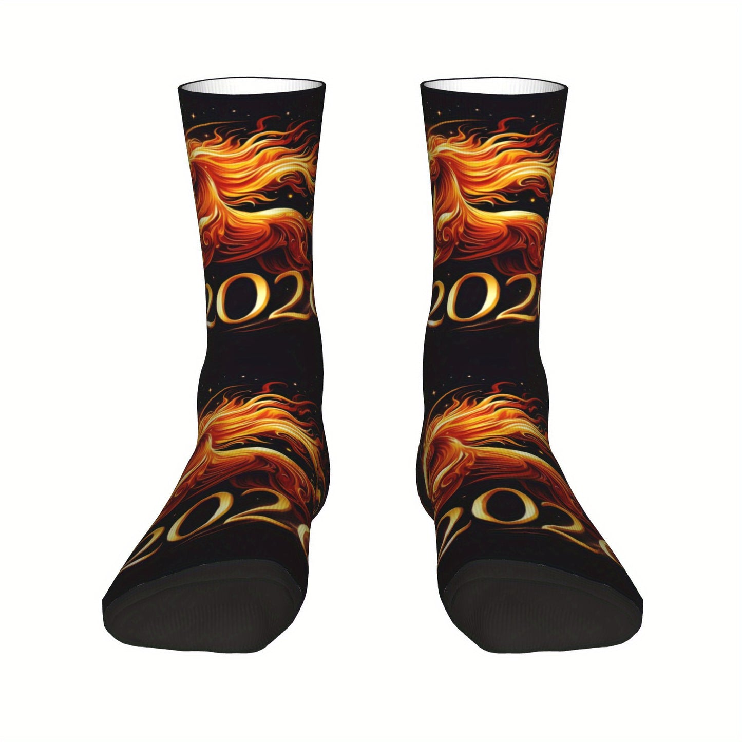 1pc Designed Socks sporty styles 2026 Year of the Horse Creative mid-calf socks geometric designs 3D digital print socks, cute socks for teens and adults ideal for daily wear, perfect for gift giving!