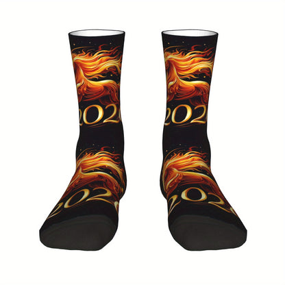 1pc Designed Socks sporty styles 2026 Year of the Horse Creative mid-calf socks geometric designs 3D digital print socks, cute socks for teens and adults ideal for daily wear, perfect for gift giving!