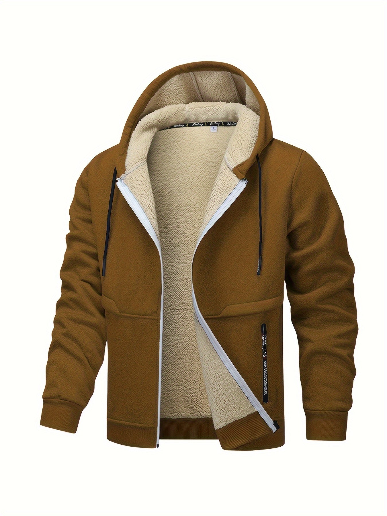 1pc Men'S Casual Style Hooded Jacket, Thick Fleece Lined, Warm