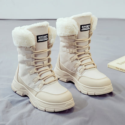 Women'S Winter Boots - Thick Platform Sole for Height & Traction, Lace-Up Mid-Calf Boots with PU Synthetic Cover Upper, Non-Slip PVC Outsole - Beige/White Cold Weather Shoes for Everyday, Formal, Party - Easy-Clean & Durable
