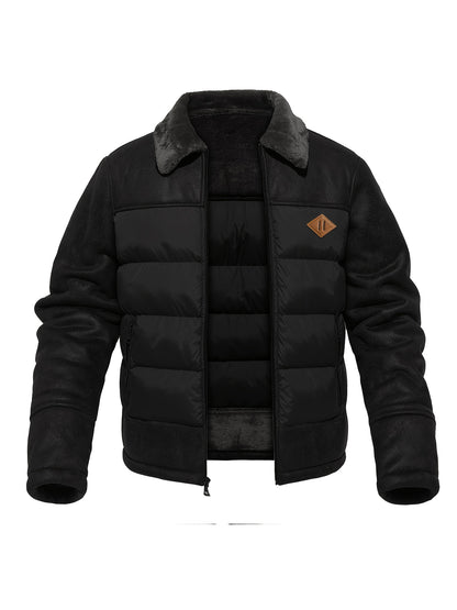 Men'S Casual Jacket with Faux Fur Collar, Polyester 100% Solid Color, Long Sleeve, Zipper Closure, Regular Fit, Woven Fabric, Outdoor Hiking Jacket with 60g/m² Lining Weight