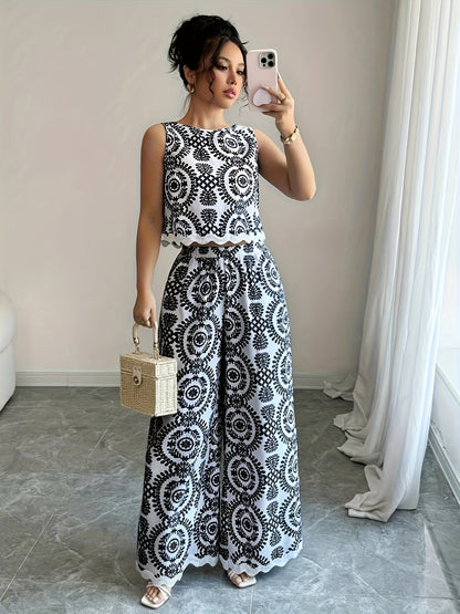2pcs Women's Plant Pattern Round Neck Sleeveless Top and Pants Set