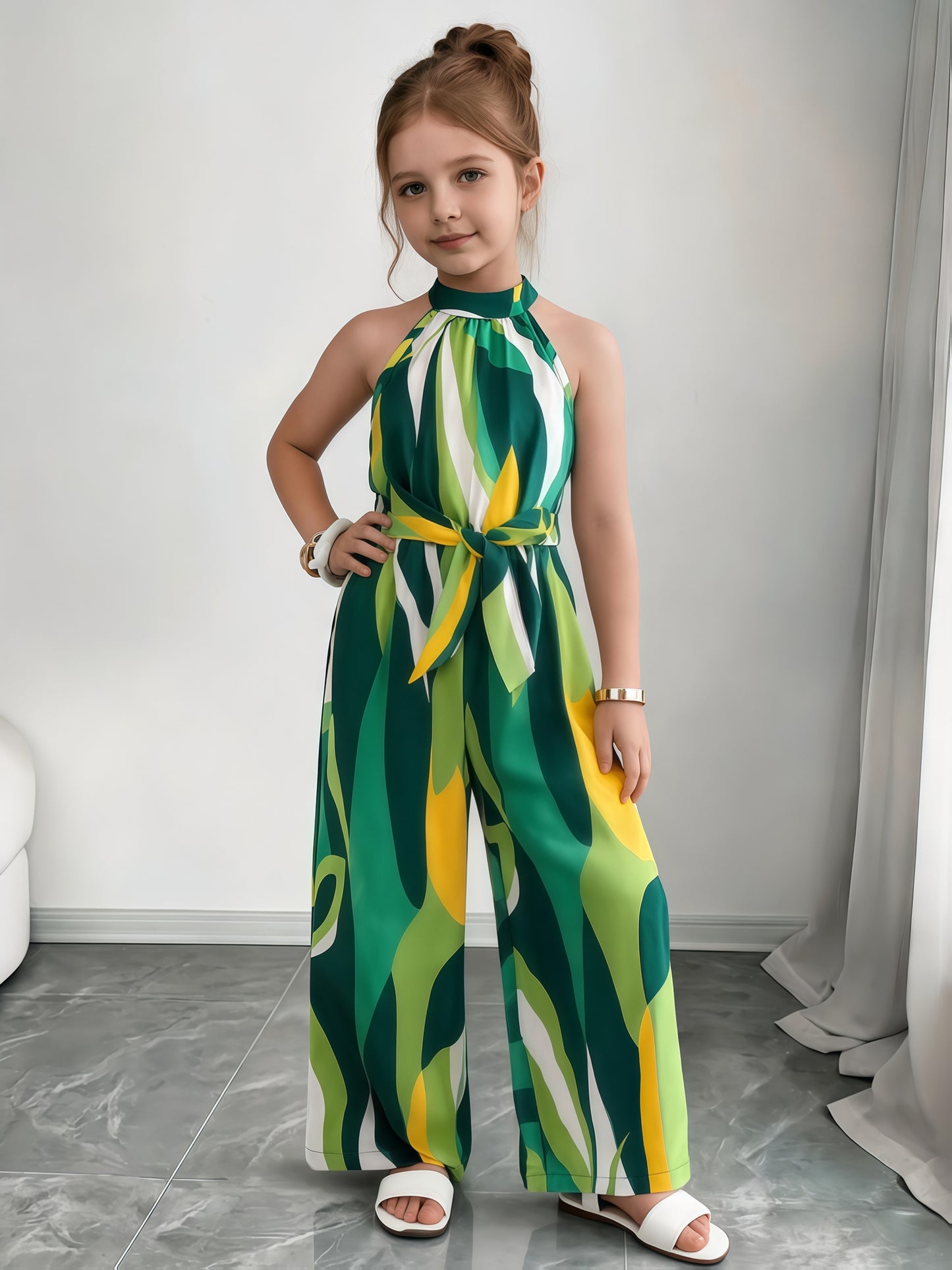 Girls Sleeveless Geometric Jumpsuit with Belt - Elegant Summer Wear