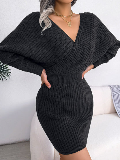 Sexy Cross V Neck Bodycon Sweater Dress, Batwing Sleeve Solid Criss Cross Neck Cross Sexy Dresses, Women'S Clothing