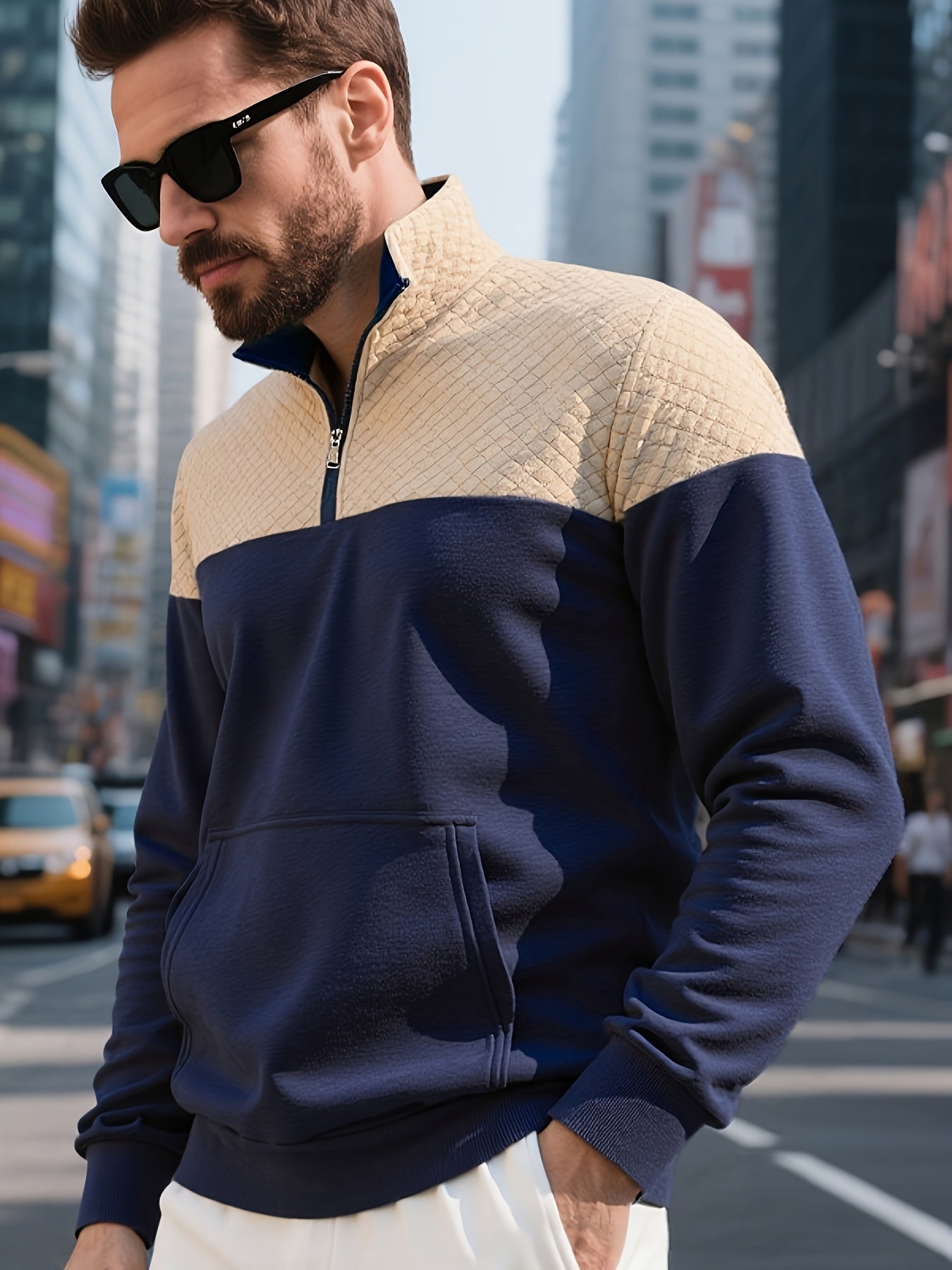 Men's Casual Half-Zip Color Block Sweatshirt with Kangaroo Pocket