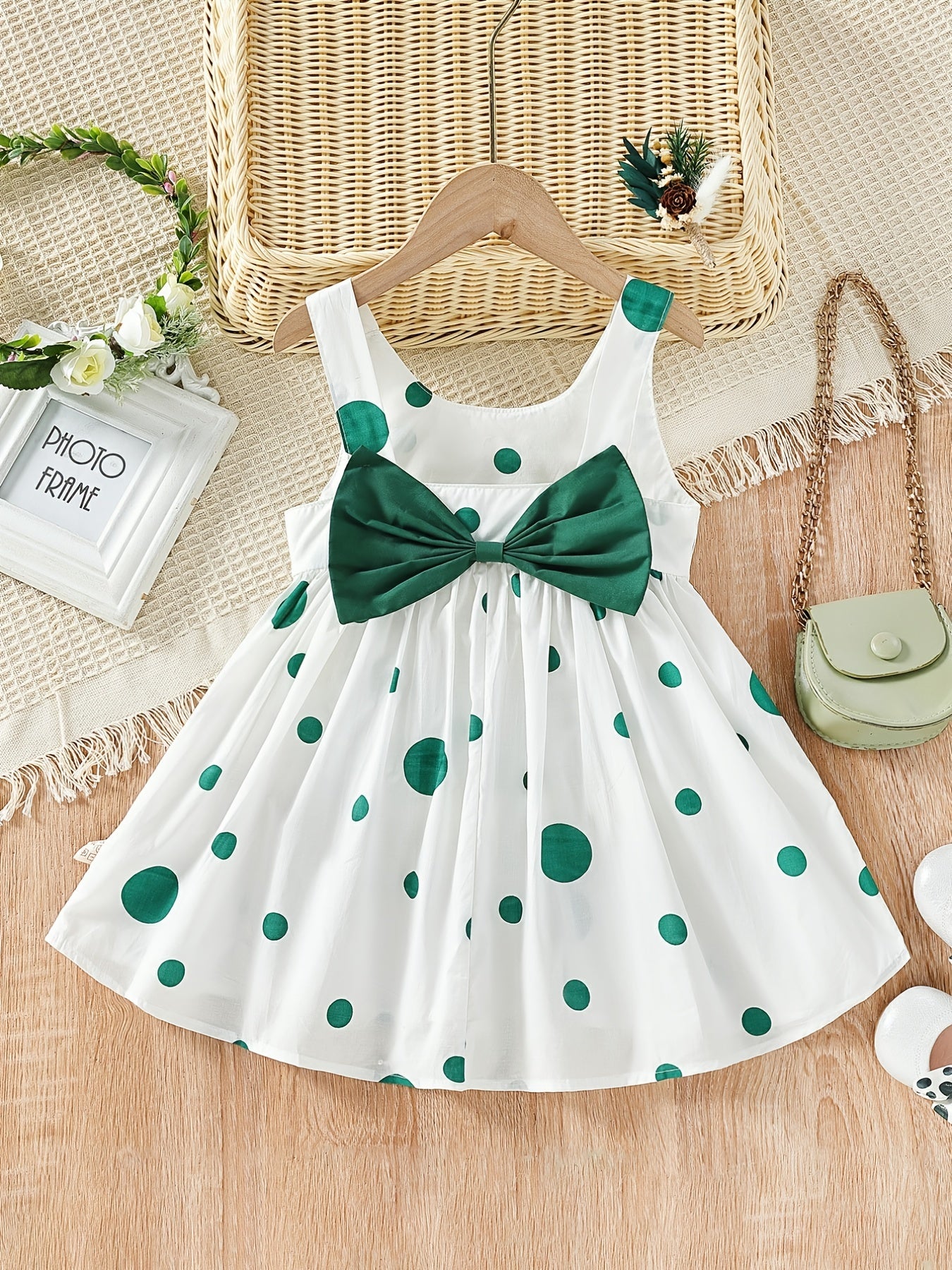 Girls' Cute White Cotton Polka Dot Spaghetti Strap Dress