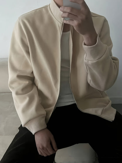 Men's Beige Jacket - Lightweight Warm Coat with Zippered Pockets, Beige Casual Outerwear for Everyday & Formal Events, Spring/Fall Layering Essential - Ideal Gift for Him, Seasonal Fashion, Sleek Silhouette, Comfortable Fit,