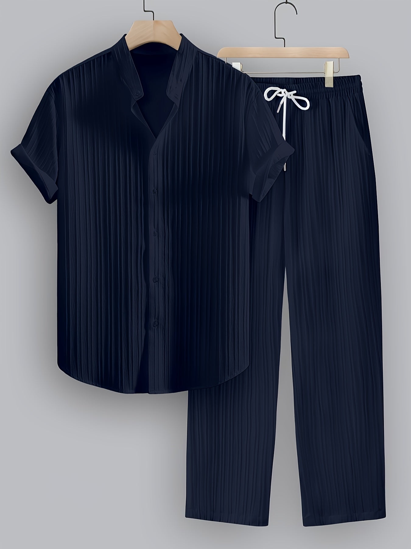Men's Summer Casual Polyester Set with Stand Collar Shirt & Pants
