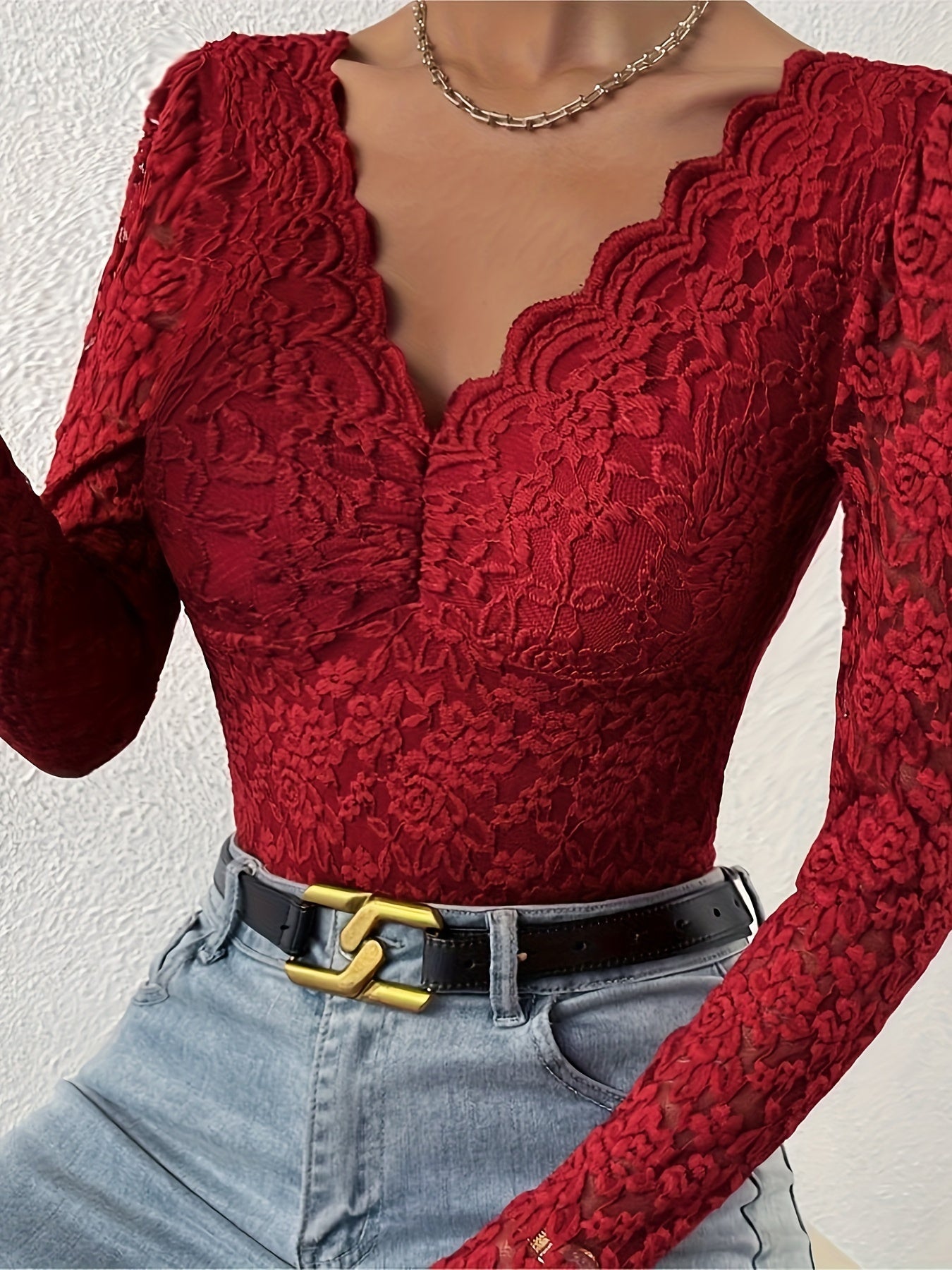Stylish Deep V Backless Lace Rose Print Sheer Fitted Long Sleeve Bodysuit 10717