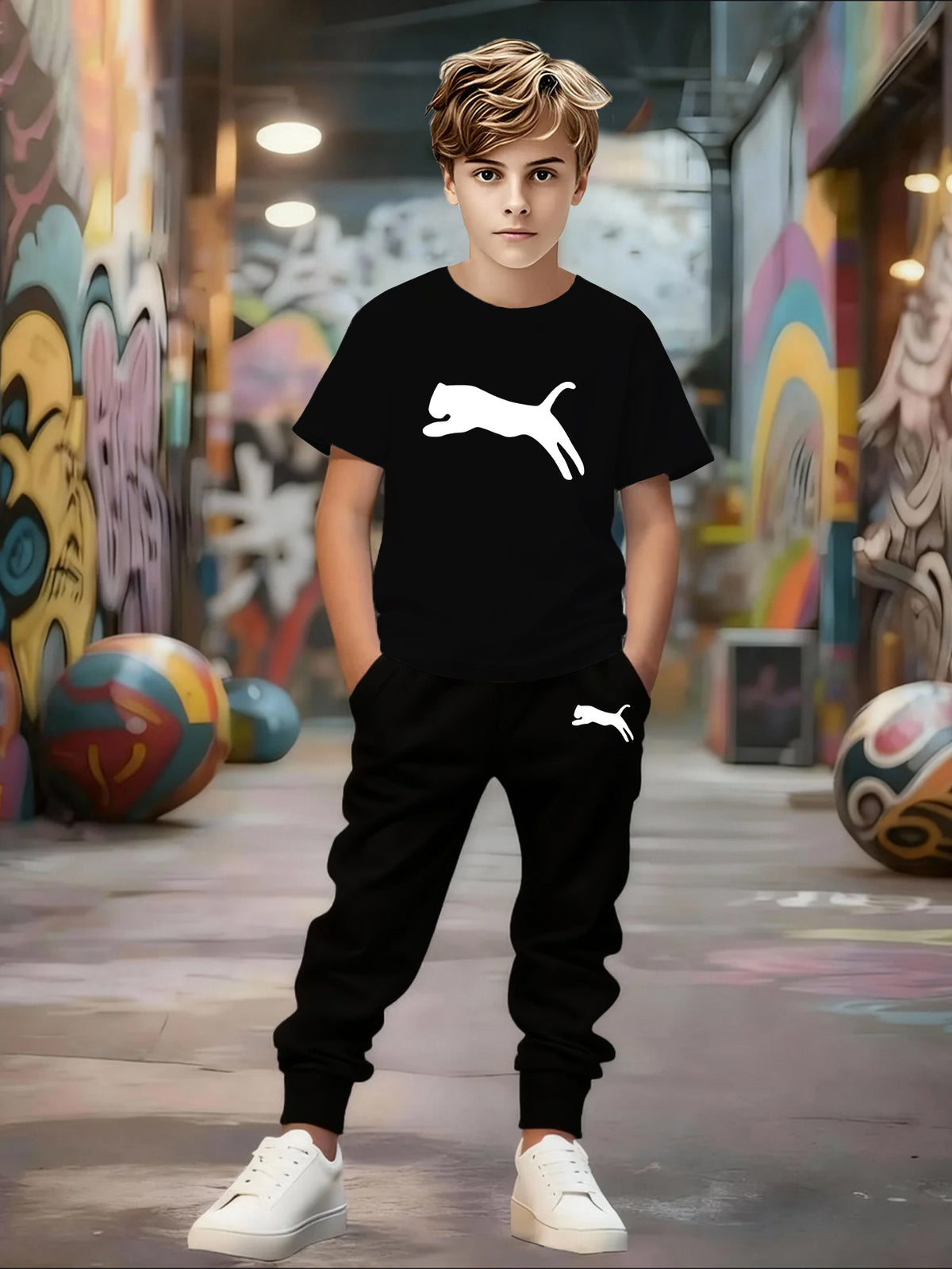 Boys' Casual Short Sleeve & Pants Set with Geometric Pattern