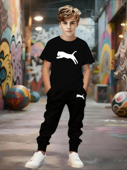 Boys' Casual Short Sleeve & Pants Set with Geometric Pattern