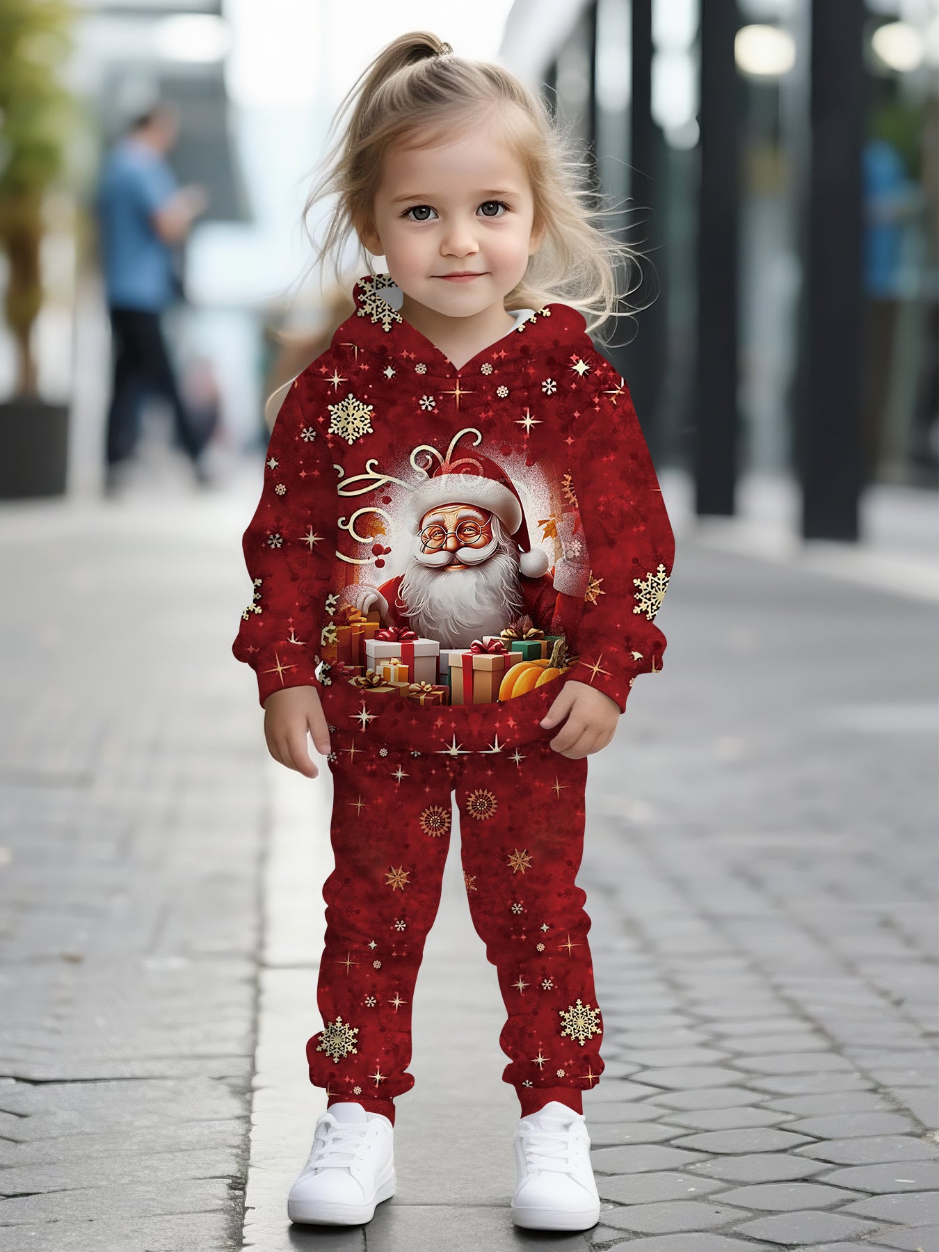 2pcs Girls' Santa Claus Face & 3D Print Hooded Sweatshirt & Pants Set - Red & Golden Christmas Outfit with Santa Hat & Reindeer Design, Casual Winter Clothes for Toddlers & Kids, Perfect Gift for Little Boys & Girls (Machine