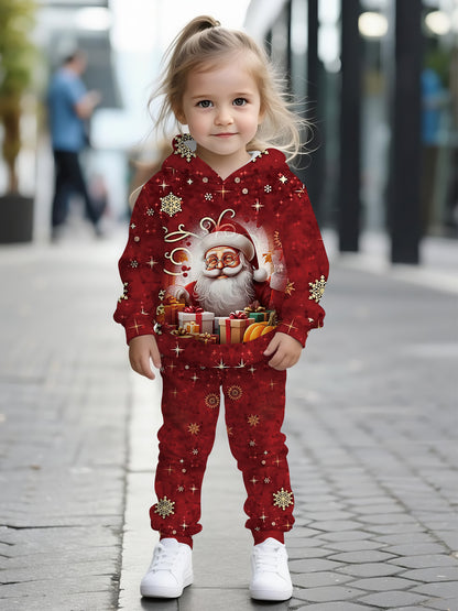 2pcs Girls' Santa Claus Face & 3D Print Hooded Sweatshirt & Pants Set - Red & Golden Christmas Outfit with Santa Hat & Reindeer Design, Casual Winter Clothes for Toddlers & Kids, Perfect Gift for Little Boys & Girls (Machine