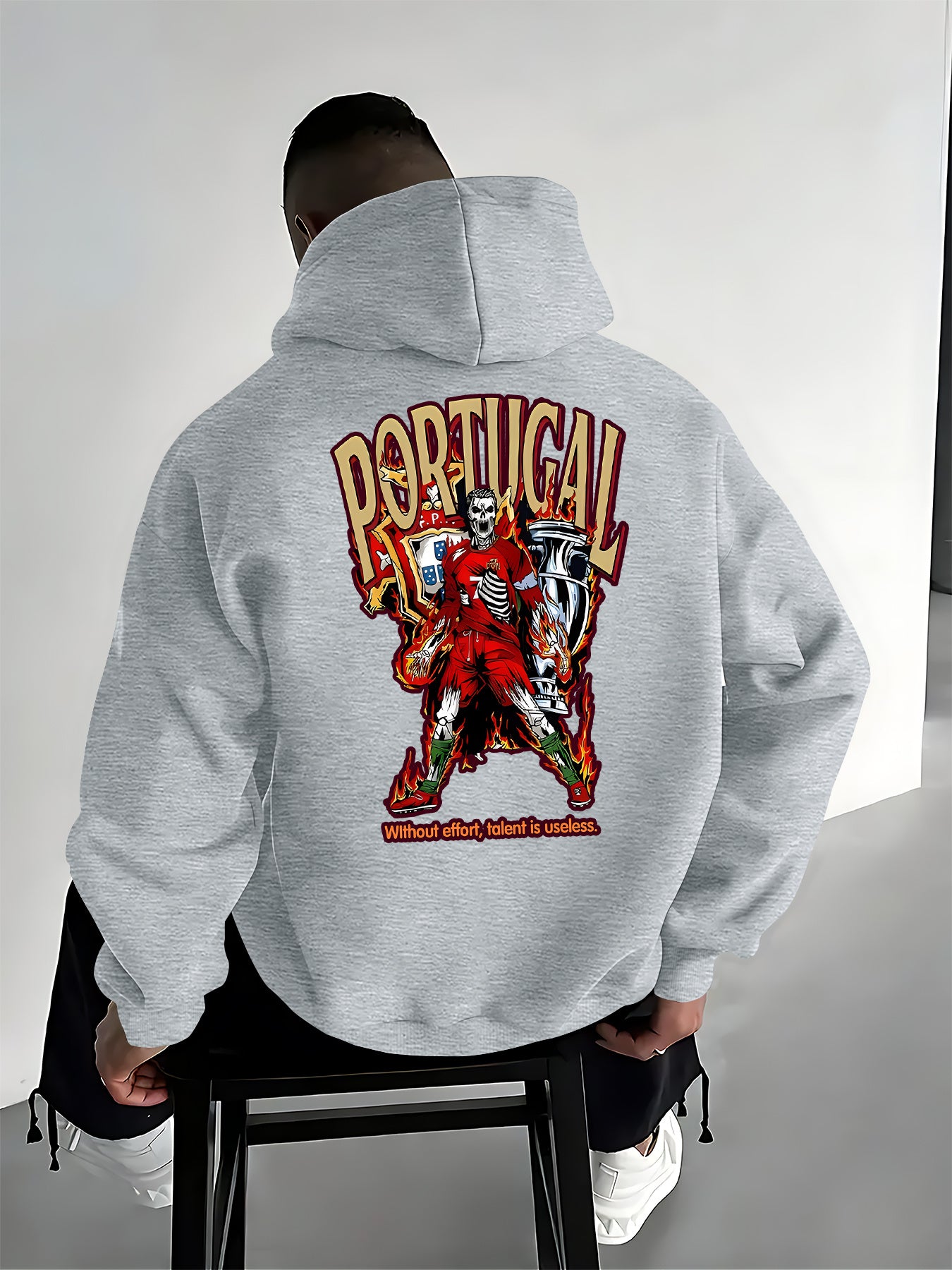 Men's Casual Hooded Pullover with Portugal Football Print