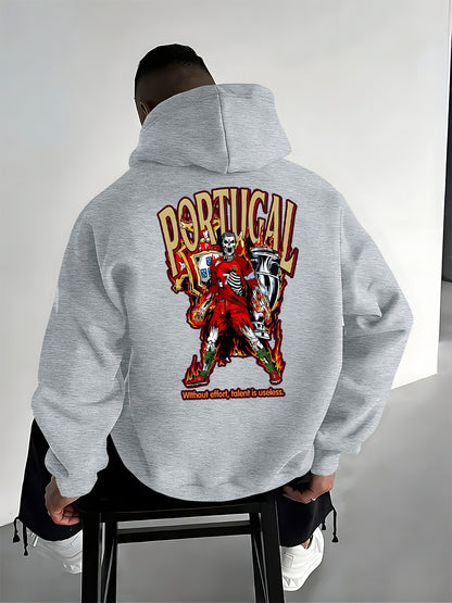 Men's Casual Hooded Pullover with Portugal Football Print