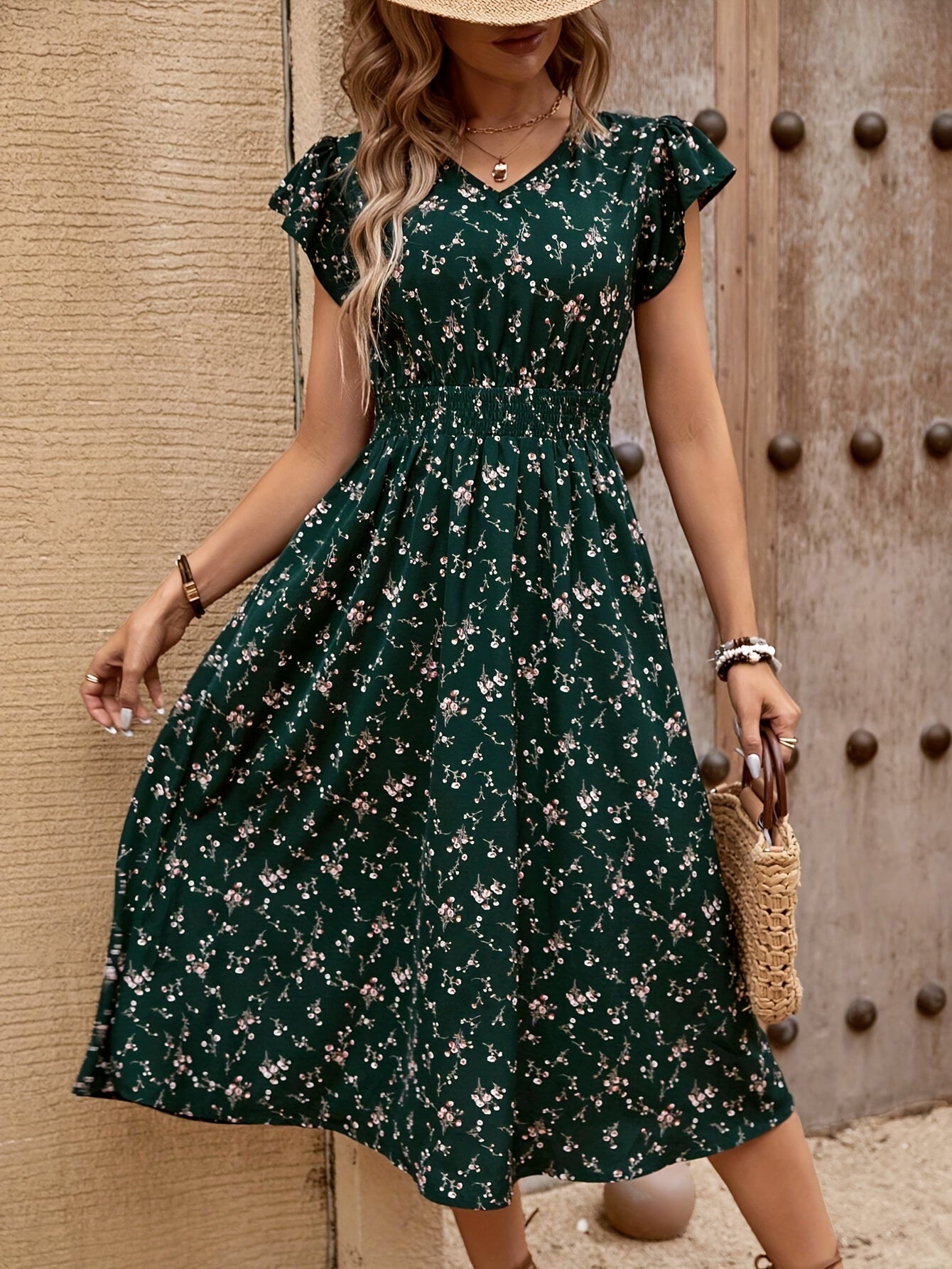Women's Printed V-Neck Midi Dress with Ruffle Sleeves - Spring/Summer