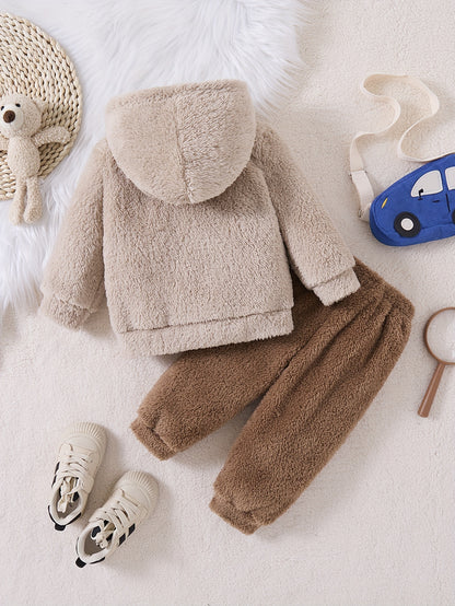 Boys' Autumn and Winter Fashionable Casual Simple Cute Warm Solid Color Plush Bear Embroidered Hoodie Long Pants Two-Piece Set, Perfect for Outdoor