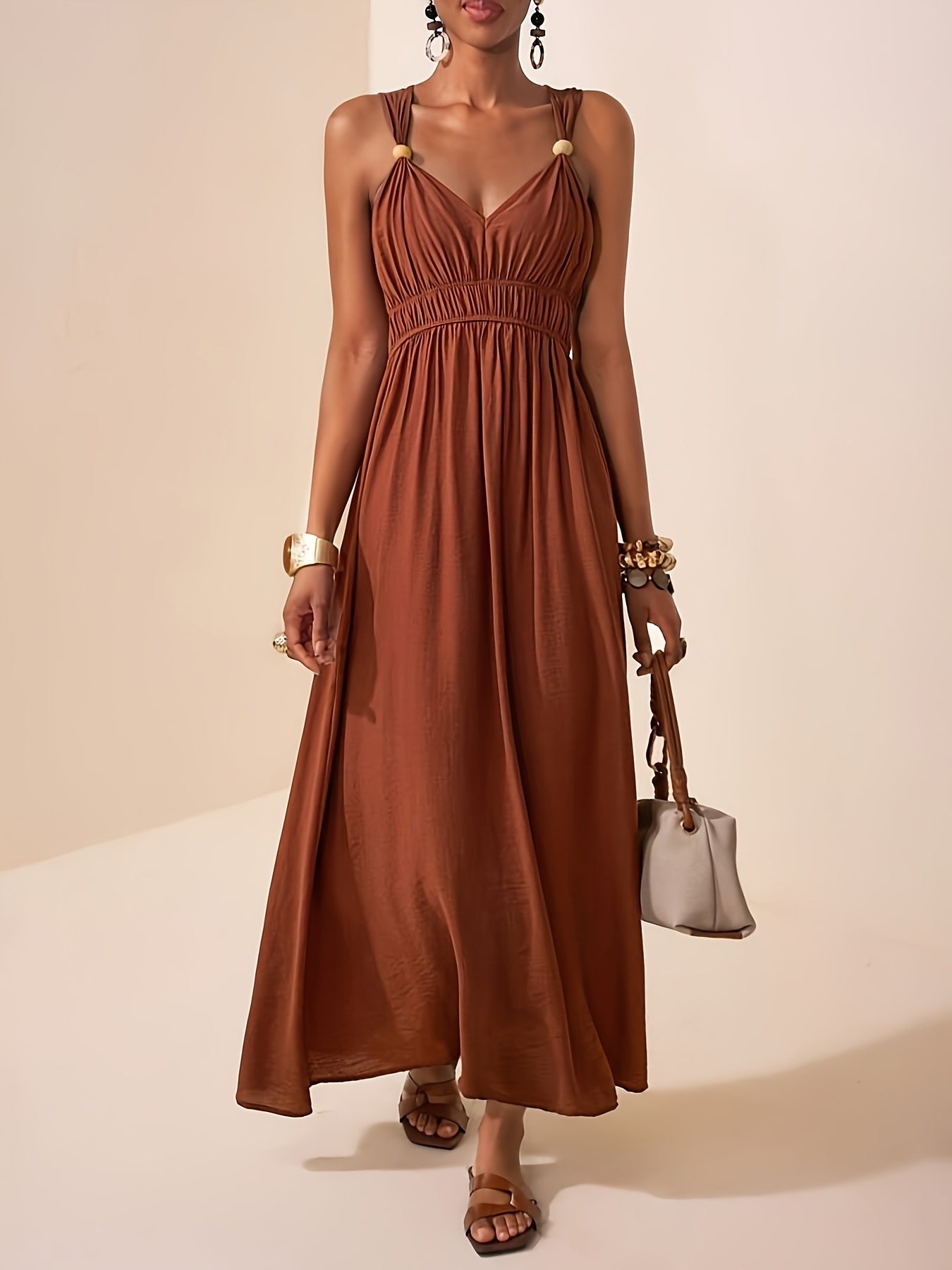 Elegant Summer V-Neck Beaded Sleeveless Waist-Cinching Dress