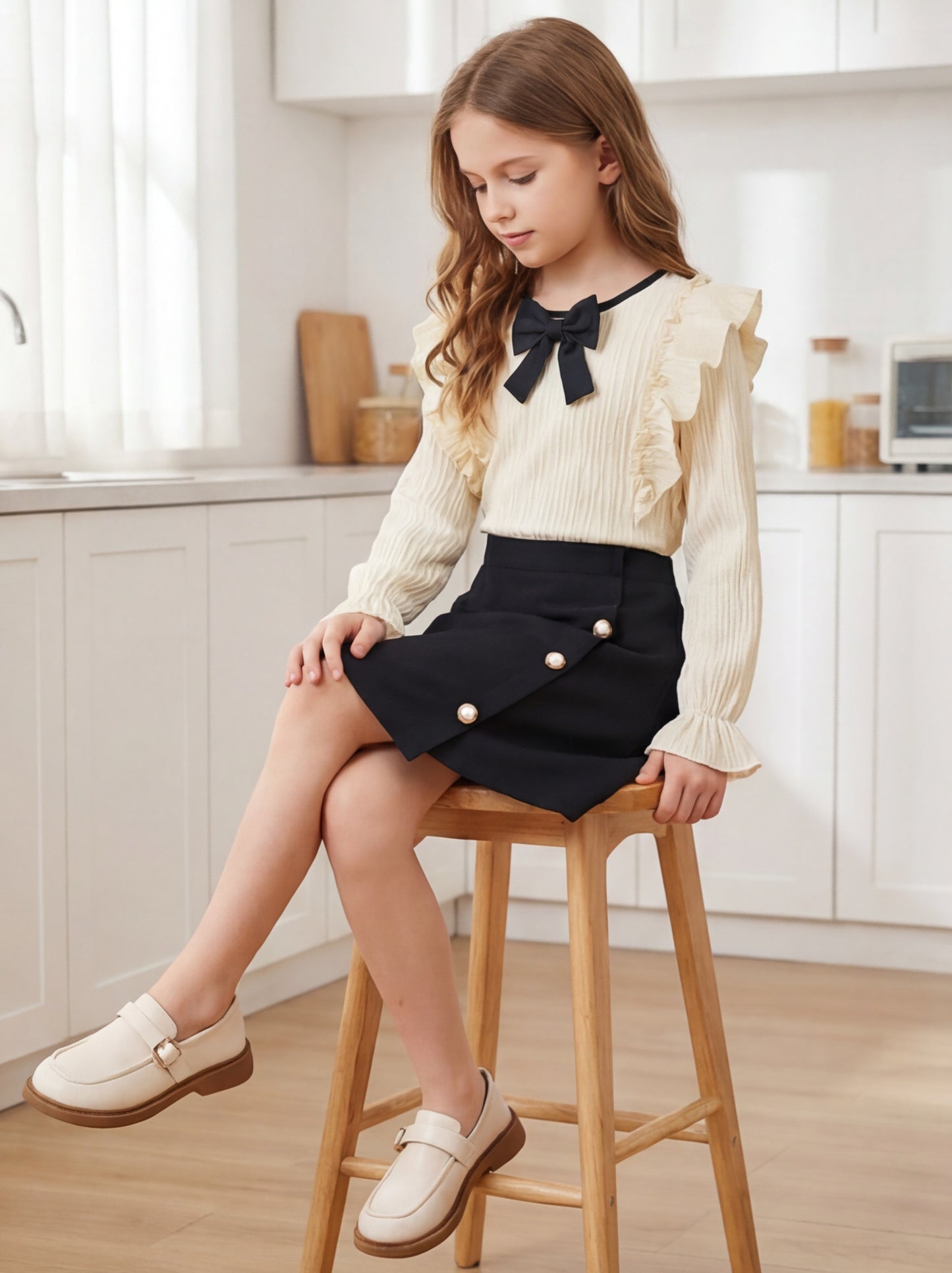Girls 8-12Yrs Elegant Apricot Top & Black Bow Skirt Set