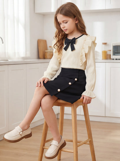 Girls 8-12Yrs Elegant Apricot Top & Black Bow Skirt Set