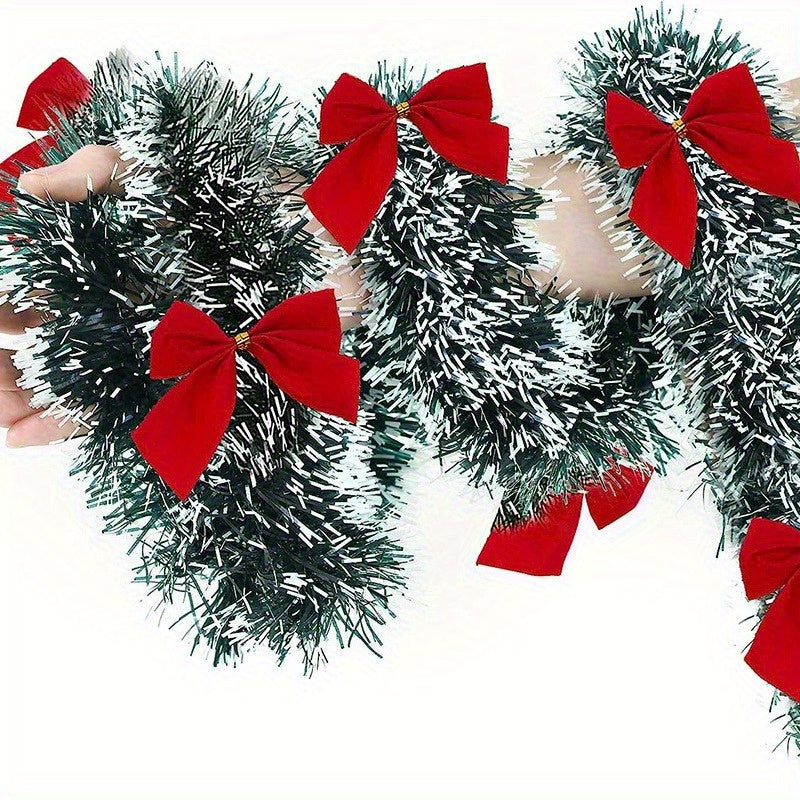 Extra Long 78.74in/200cm Garland - Heavy-Duty PET (Polyethylene Terephthalate) Christmas Garland with Elegant Deep Green, Red Bows & Black Beads - Indoor/Outdoor Hanging Decoration for Stairs, Banisters, Doors, Walls - Weddin