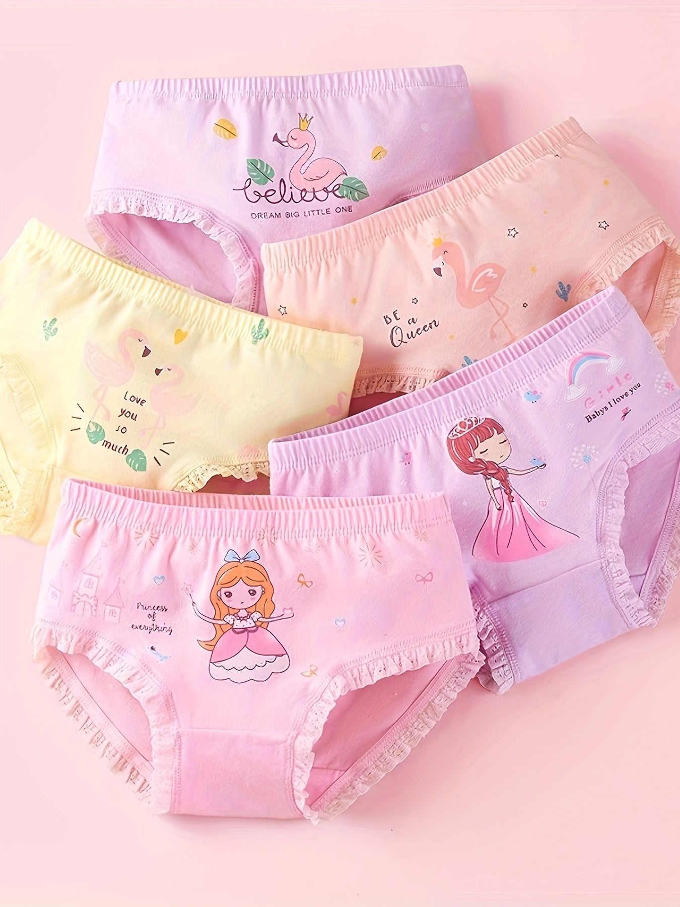 5-Pack Girls Cotton Briefs with Cute Cartoon Lace Trim