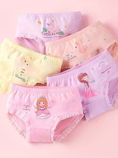 5-Pack Girls Cotton Briefs with Cute Cartoon Lace Trim