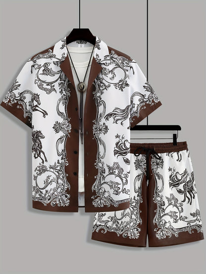 Men's Summer Suit Set: Short Sleeve Knight Print Positioning Burned Shirt with Open Collar, Drawstring Casual Shorts Pajama Two-Piece Set
