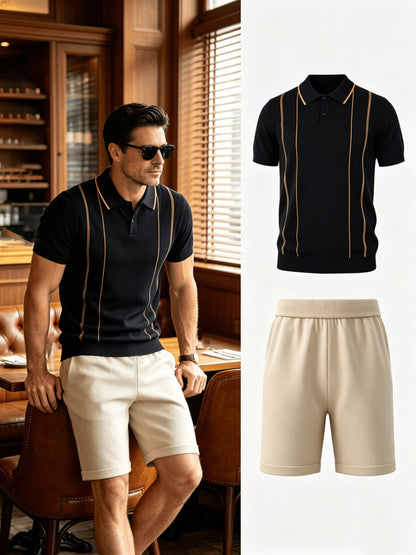 Men's Contrast Knit Polo & Loose Waist Shorts Set, Casual Fit