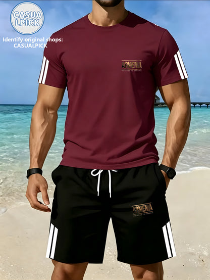 Men's Casual Short-Sleeve Top and Shorts Set with Print